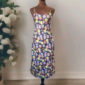 6397 Slip Midi Dress‎ Size XS Black With Colorful Flowers 100% Silk Lightweight